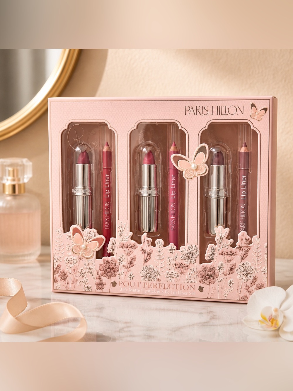 Paris Hilton Pout Perfection Lipstick & Lip Liner Set 6 Pc New Sealed
